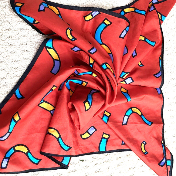 Silky Red Scarf Colorful Noodle Ribbons Blue Blue Purple Orange Modern Art - Picture 4 of 5